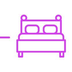 Dibujo lineal púrpura representando una cama de motel, acentuada con almohadas.