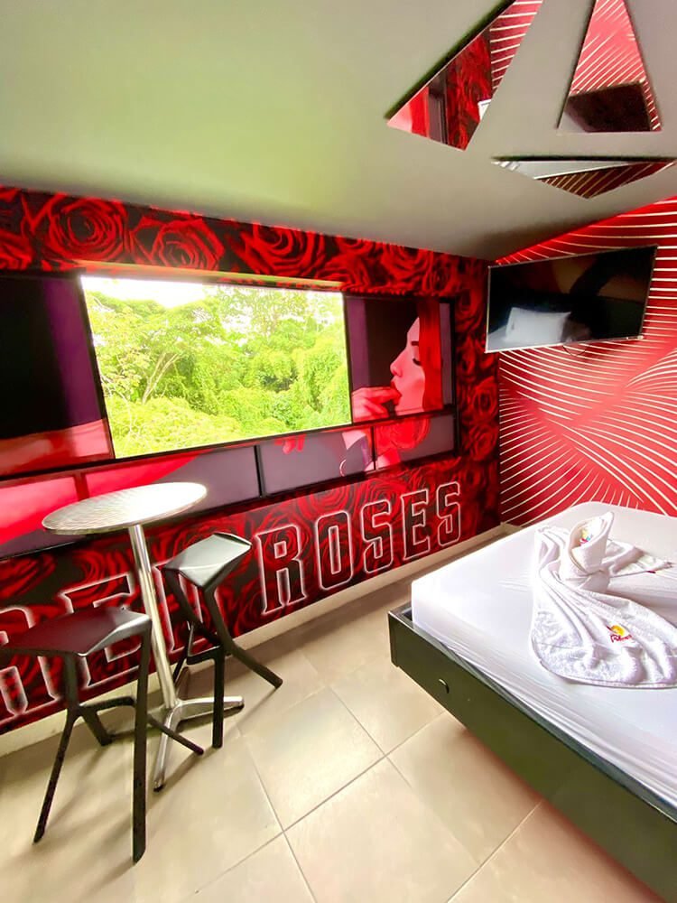 Vibrante habitación de motel en Bucaramanga con temática de rosas rojas y negras, destacando un jacuzzi, un amplio televisor y una ventana luminosa.