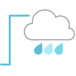 Ícono artístico de esquina de cuadro con nube lluviosa y gotas, que evoca el ambiente mojado y relajante de un motel con jacuzzi en Bucaramanga.