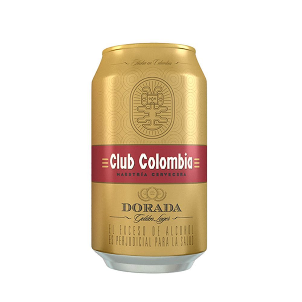 Club Colombia Dorada, una lata de cerveza dorada del motel, adornada con patrones decorativos y marca distintiva.