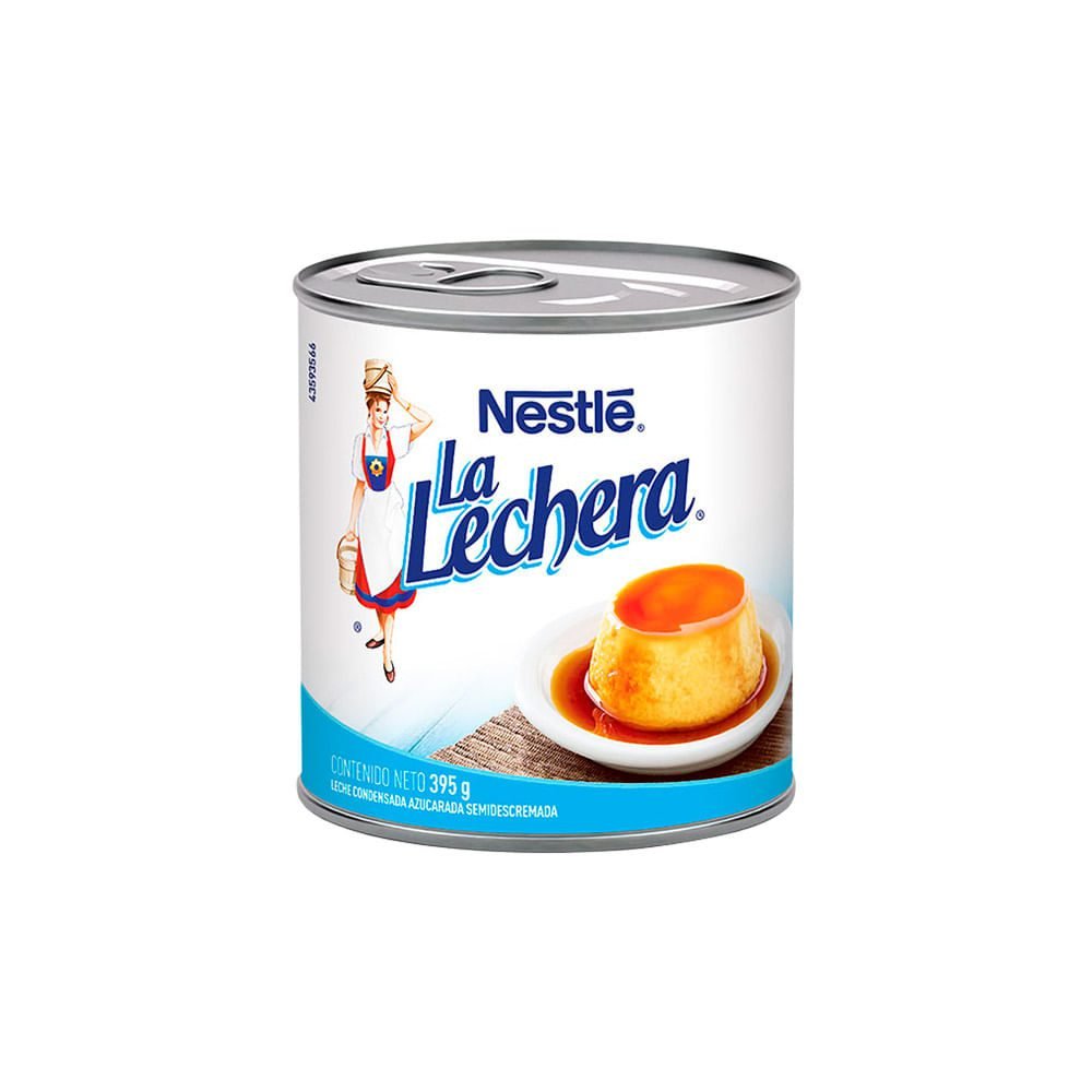 Una lata de leche condensada Nestlé La Lechera, decorada con una apetitosa imagen de flan en su etiqueta.