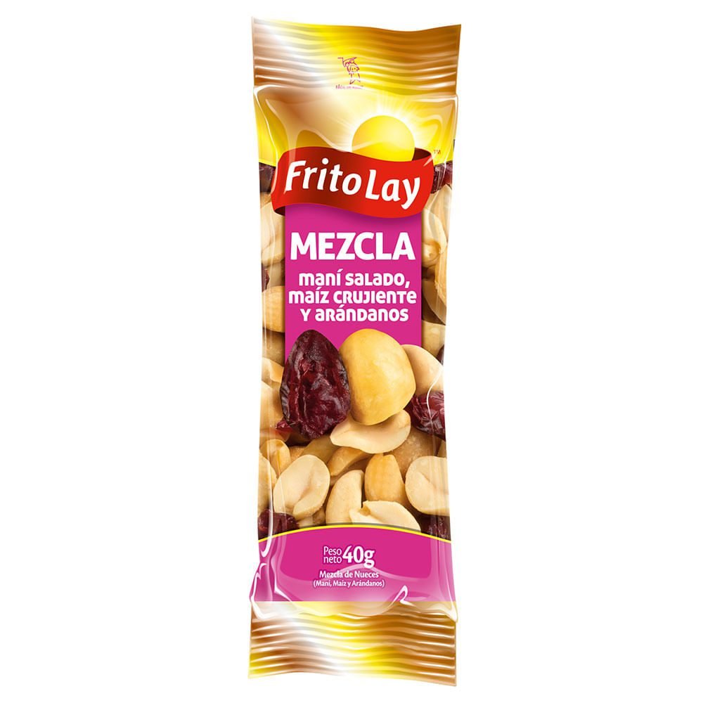 Un paquete de mezcla de snack Frito-Lay, ideal para saborear en un Motel en Bucaramanga. Incluye cacahuetes salados, maíz crujiente y arándanos.