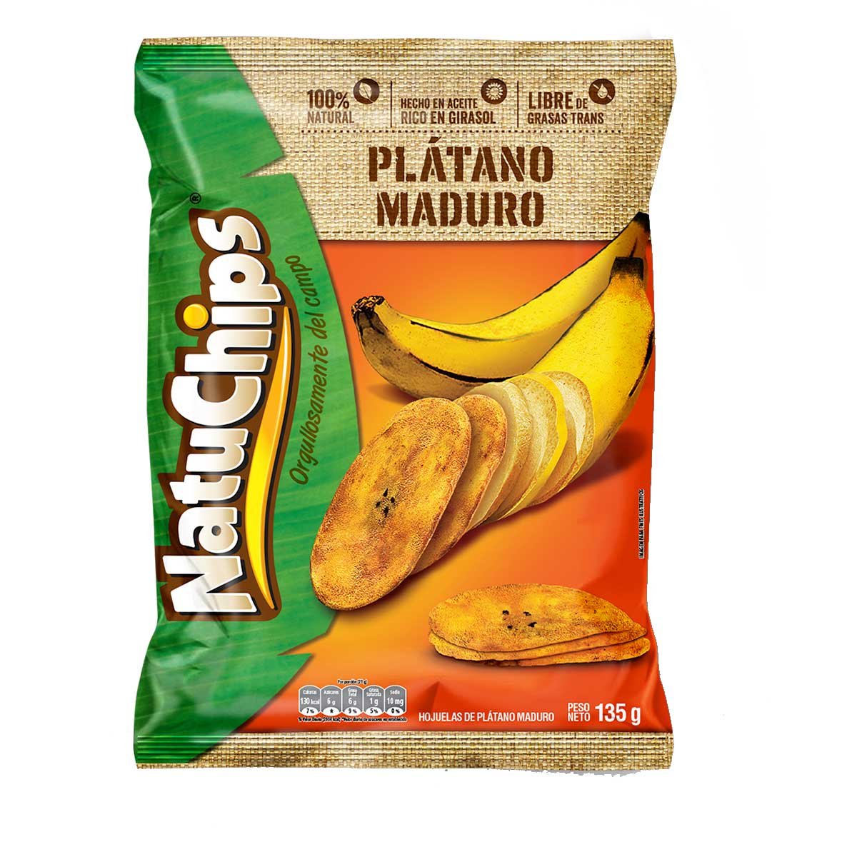 Un paquete de Natuchips, crujientes y sabrosas chips de plátano aplastado, ideales para un snack saludable y nutritivo.