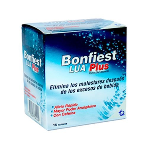 La caja de Bonfiest Lua Plus contiene 16 sobres, un remedio eficaz para paliar los síntomas de la resaca por exceso de alcohol.