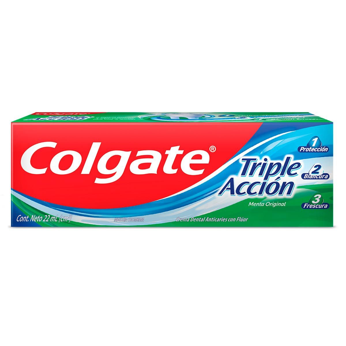 Una caja de pasta dental Colgate Triple Acción sabor original de menta, edición especial motel con jacuzzi en Bucaramanga.