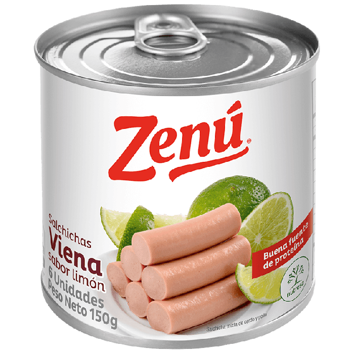 Lata colorida de salchichas Zenú sabor limón, 150g. Ideal para un snack post-relajación en un jacuzzi de motel.