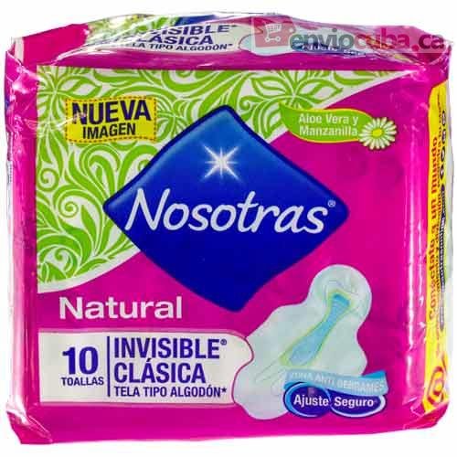 Toallas sanitarias Nosotras Natural" (paquete de 10) mejoradas con calmantes aloe vera y manzanilla. Diseño de ajuste seguro